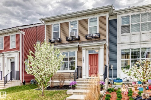Brown siding exterior with a prominent red entry door, white trim, and a blossoming tree - 2125 24 Street, Edmonton, AB - Outdoor With Facade