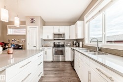 Contemporary kitchen featuring white cabinetry, stainless steel appliances, and a double basin sink - 