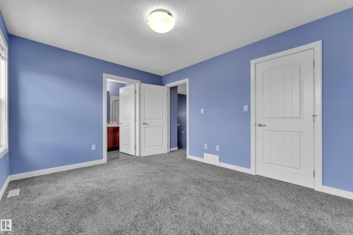 Spacious room with plush gray carpeting, blue painted walls, and white trim - 432 Watt Boulevard, Edmonton, AB - Indoor