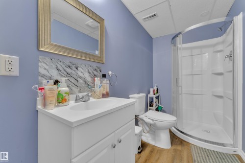 Bathroom featuring a white vanity with integrated sink, patterned backsplash, wall-mounted mirror, and a corner shower enclosure with clear glass - 432 Watt Boulevard, Edmonton, AB - Indoor Photo Showing Bathroom