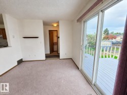 Light-colored carpeting throughout the main room, featuring a built-in wall shelf and white baseboards - 