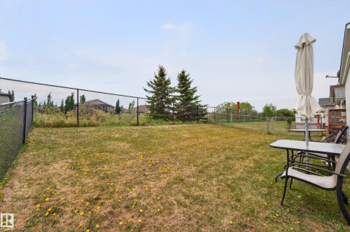 Expansive grassy yard with chain-link fencing, mature trees, and a ground-level patio area - 1727 Jubilee Loop, Sherwood Park, AB - Outdoor