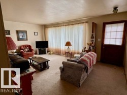 Living area featuring neutral wall paint, light-colored carpeting, and a full-length window with sheer curtains - 