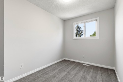 Neutral gray wall paint with white trim, gray patterned carpeting, and a white-framed window - 707 Clareview Road, Edmonton, AB - Indoor Photo Showing Other Room
