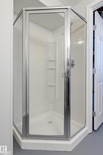 Corner shower enclosure featuring clear glass panels and chrome framing - 707 Clareview Road, Edmonton, AB - Indoor Photo Showing Bathroom