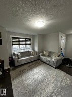 Spacious living area featuring dark wood-finish flooring and a large area rug - 