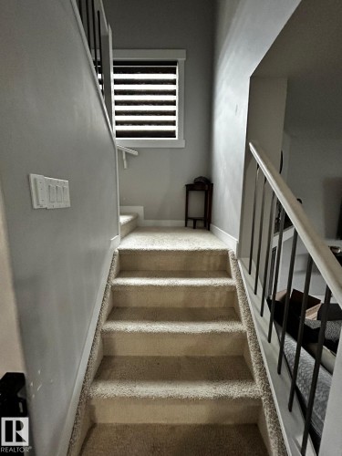 Carpeted staircase with white trim and dark metal balusters - 1868 30 Street Nw, Edmonton, AB - Indoor Photo Showing Other Room