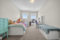 Light grey wall paint with textured ceiling, two windows, carpet flooring, and a built-in desk with shelving - 