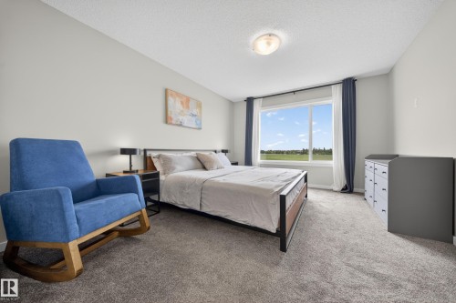 Spacious bedroom featuring light gray walls, plush gray carpeting, a large window with white trim, and a semi-flush mount ceiling light - 3337 Kulay Way, Edmonton, AB - Indoor Photo Showing Bedroom