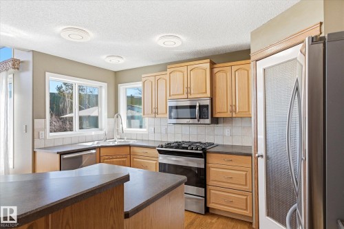 Kitchen featuring wood cabinetry, stainless steel appliances, dark countertops, and a tiled backsplash - 442 Hunters Green, Edmonton, AB - Indoor Photo Showing Kitchen With Double Sink