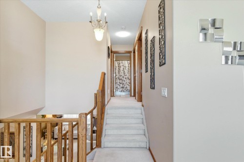 Carpeted staircase with light wood railings and balusters, leading to an upper-level hallway featuring a chandelier-style light fixture and recessed lighting - 442 Hunters Green, Edmonton, AB - Indoor Photo Showing Other Room