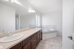 Bathroom featuring a double vanity with dark wood-finish cabinetry and light countertops - 