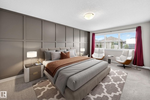 Spacious room featuring a prominent paneled accent wall, a wide window with horizontal blinds, and soft carpet flooring - 17838 60A Street, Edmonton, AB - Indoor Photo Showing Bedroom