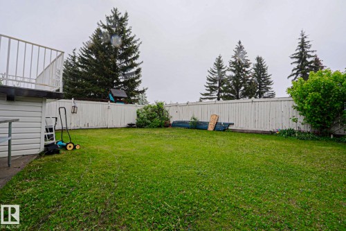 Expansive backyard featuring a lush green lawn, mature perimeter trees, and a privacy fence - 313 Jillings Crescent, Edmonton, AB - Outdoor