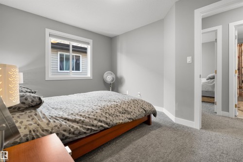 Carpeted bedroom featuring a single window with white trim, light gray painted walls, and white baseboards - 524 Mcdonough Way, Edmonton, AB - Indoor Photo Showing Bedroom