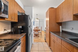 Galley kitchen featuring wood-finish cabinetry, dark countertops, and stainless steel appliances - 