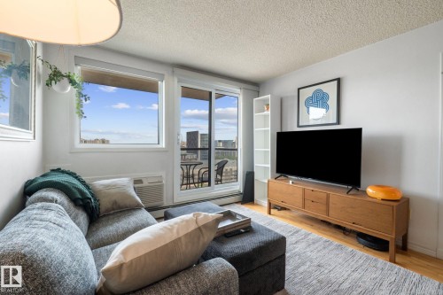 Living area featuring expansive windows, a sliding glass door to an outdoor space, wood-finish flooring, and light wall tones - 905 10303 105 Street Nw, Edmonton, AB - Indoor Photo Showing Living Room