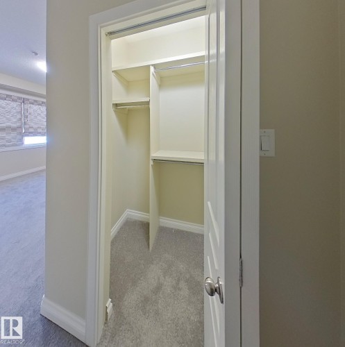 Built-in closet with shelves and hanging rods, featuring light gray carpeting and white trim - 108 9603 98 Avenue Nw, Edmonton, AB - Indoor