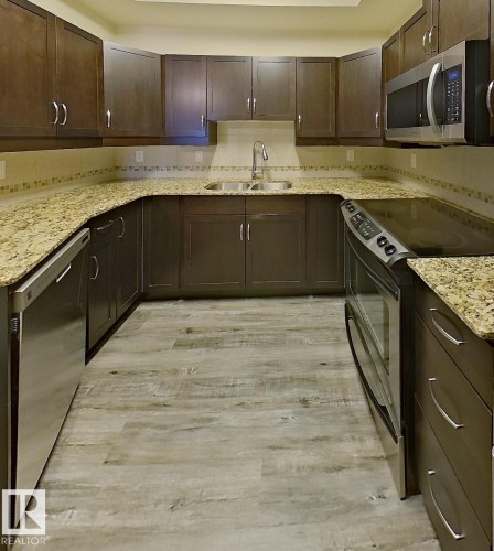 U-shaped kitchen featuring wood-finish cabinetry, granite-style countertops, stainless steel appliances, and a mosaic tile backsplash - 108 9603 98 Avenue Nw, Edmonton, AB - Indoor Photo Showing Kitchen With Double Sink