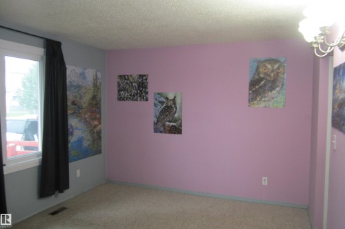 Carpeted room featuring a white-framed window with dark drapery - 3814 37 Avenue, Leduc, AB - Indoor