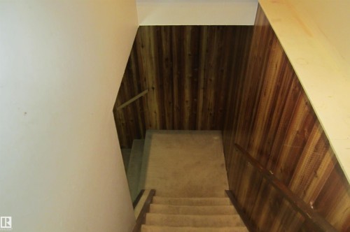 Stairwell featuring wood-panel accent wall and carpeted stairs with a wood handrail - 3814 37 Avenue, Leduc, AB - Indoor Photo Showing Other Room