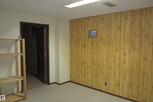 Room featuring wood paneling accent wall, light-colored carpet flooring, recessed fluorescent lighting, and a dark wood-finish doorway - 3814 37 Avenue, Leduc, AB - Indoor Photo Showing Other Room