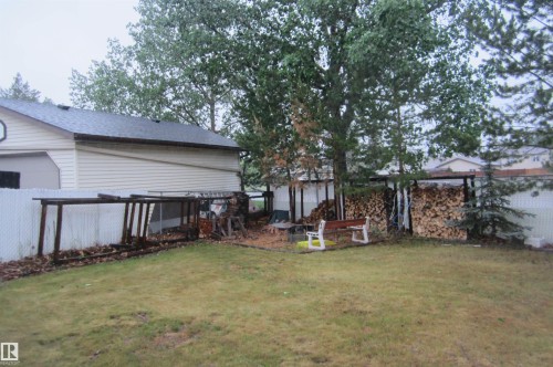 Expansive backyard featuring a lush lawn, mature trees, and a chain-link fence - 3814 37 Avenue, Leduc, AB - Outdoor