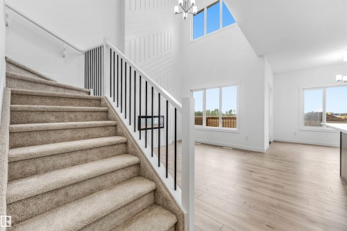 Carpeted staircase with black vertical balusters and white handrails - 1972 210 Street, Edmonton, AB - Indoor Photo Showing Other Room