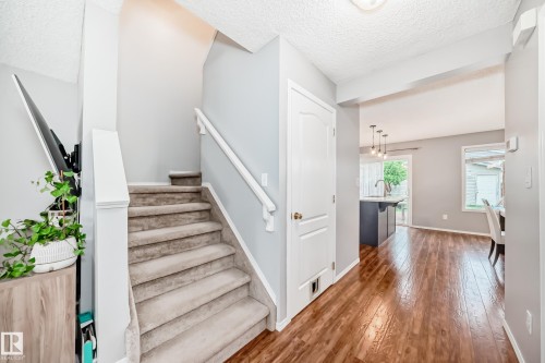Carpeted staircase with white handrail and wood-finish flooring extending into an open-concept living space - 17233 88 Street, Edmonton, AB - Indoor Photo Showing Other Room