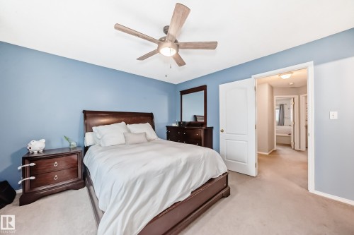 Spacious room featuring light blue and gray walls, a ceiling fan with integrated lighting, and neutral-toned carpeting - 17233 88 Street, Edmonton, AB - Indoor Photo Showing Bedroom