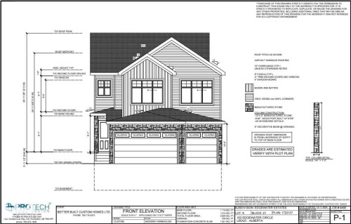 Architectural Drawing, Front Elevation. Illustrating the exterior design and dimensions of the property - 163 Edgewater Circle, Leduc, AB - Other