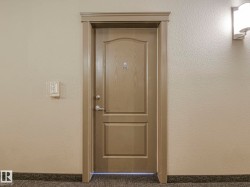Warm-toned entry door featuring decorative paneling and detailed trim work - 