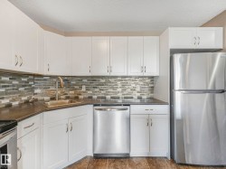 Kitchen featuring white cabinetry, dark countertops, a mosaic tile backsplash, stainless steel appliances, and wood-finish flooring - 