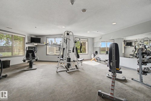Fitness area featuring carpet flooring, recessed lighting, multiple windows with blinds, and a mirrored wall - 303 530 Hooke Road, Edmonton, AB - Indoor Photo Showing Gym Room