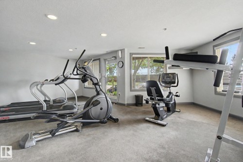 Fitness center featuring recessed lighting, a neutral gray carpet, multiple windows with blinds, and white painted walls - 303 530 Hooke Road, Edmonton, AB - Indoor Photo Showing Gym Room