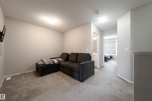 Carpeted interior space featuring light gray wall paint, white baseboards, and two flush-mount ceiling lights - 3038 Checknita Way Sw, Edmonton, AB 