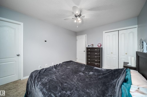 Carpeted bedroom featuring light gray walls, white trim, a built-in ceiling fan with light fixture, and white bi-fold closet doors - 8512 142A Avenue, Edmonton, AB 