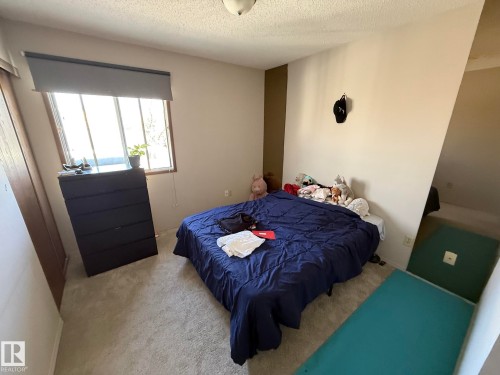Bedroom featuring neutral carpeting, a large window with a roller shade, and a flush mount ceiling light fixture - 304 10604 110 Avenue, Edmonton, AB 