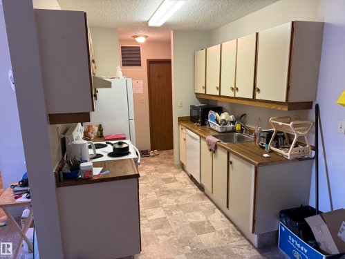 Compact kitchen featuring wood-finish countertops, white appliances, and ample cabinetry - 304 10604 110 Avenue, Edmonton, AB 