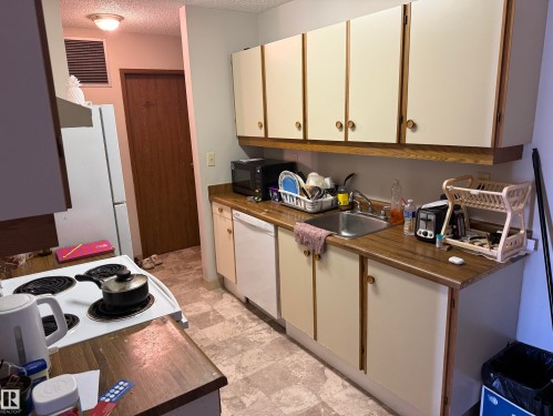 Kitchen featuring wood-finish countertops and light cabinetry with round hardware - 304 10604 110 Avenue, Edmonton, AB 