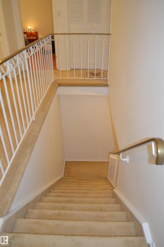 Carpeted staircase with a brass handrail leading to a lower level featuring white walls, a light-colored floor, and white built-in cabinetry - 68 Marlboro Road, Edmonton, AB 