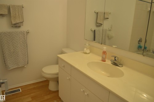 Bathroom featuring a white vanity with integrated sink, chrome faucet, and a large wall-mounted medicine cabinet - 68 Marlboro Road, Edmonton, AB 