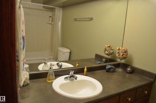 Bathroom vanity featuring a single basin sink, laminate countertop, and wood-finish cabinetry - 68 Marlboro Road, Edmonton, AB 