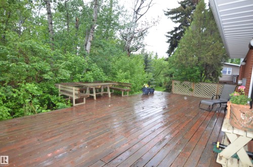 Expansive wood deck overlooking a natural tree-lined backdrop, featuring a built-in picnic table and bench seating, and lattice detailing - 68 Marlboro Road, Edmonton, AB 