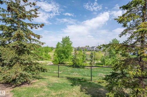 Expansive green space featuring a black chain-link fence, mature evergreen trees, and a distant residential area under a bright sky - 40 604 62 Street, Edmonton, AB 