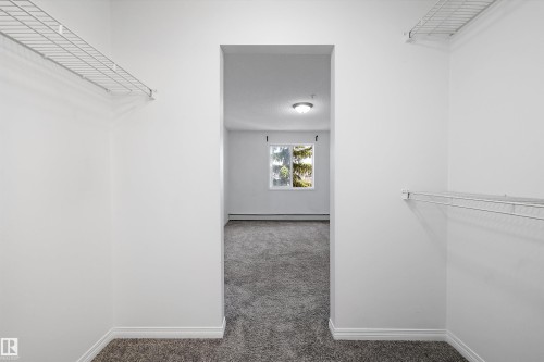 Walk-in closet featuring wire shelving and gray carpet flooring, leading into a room with a window and overhead lighting - 320 245 Edwards Drive, Edmonton, AB 