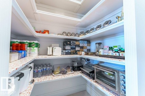 Walk-in pantry featuring white shelving, a skylight, and decorative patterned counter surfaces - 328 52327 Range Rd 233, Rural Strathcona County, AB 