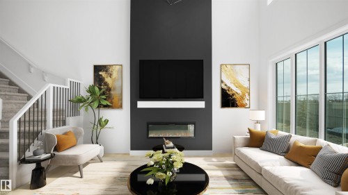 Two-story living area featuring a prominent fireplace wall with a linear electric fireplace - 803 30 Avenue, Edmonton, AB 