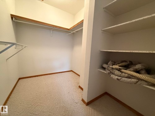 Walk-in closet featuring light-colored carpeting, multiple shelving units, and clothing rods - 102 4610 50 Avenue, Stony Plain, AB 