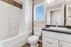Bathroom featuring a white vanity with a dark countertop, an undermount sink, and chrome fixtures - 